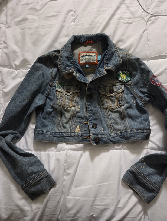 Hollister Jackets & Blazers - Vtf Y2K Cropped Distressed Denim Hollistet Jacket with Patches - Blue, Size M